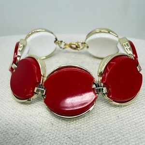 Vintage Thermoset Oval Link Bracelet Red White Reversible Chunky Marked Germany